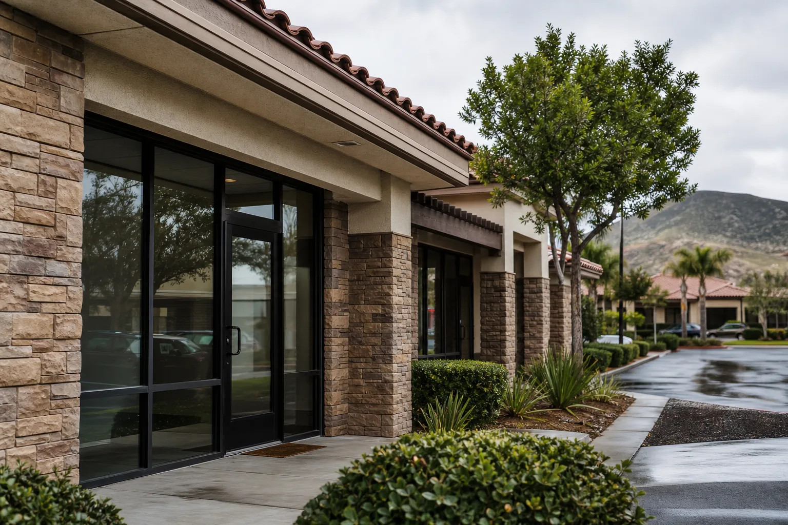 Single-story commercial office building with stacked-stone pillars, tan stucco, a red clay tile roof and dark-framed glass doors, beside a rain-wet parking lot with trees, palms and hills under an overcast sky