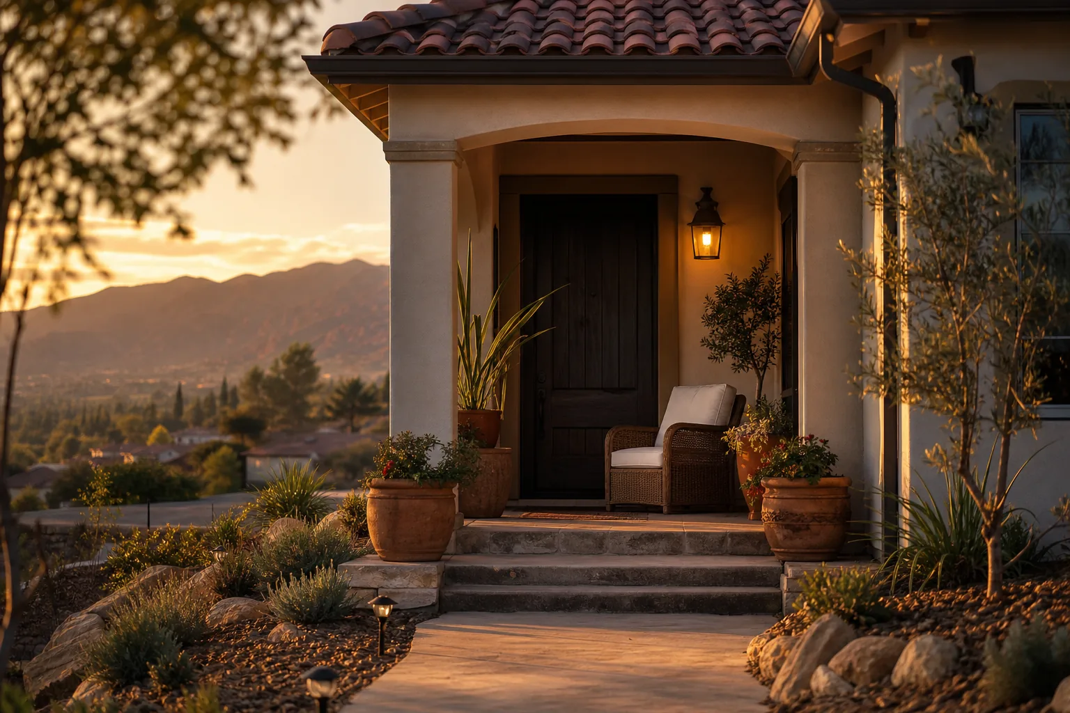 Covered front entry of a tile-roof stucco home at sunset, with terracotta planters, a lit wall lantern, and mountains above a valley in the distance.