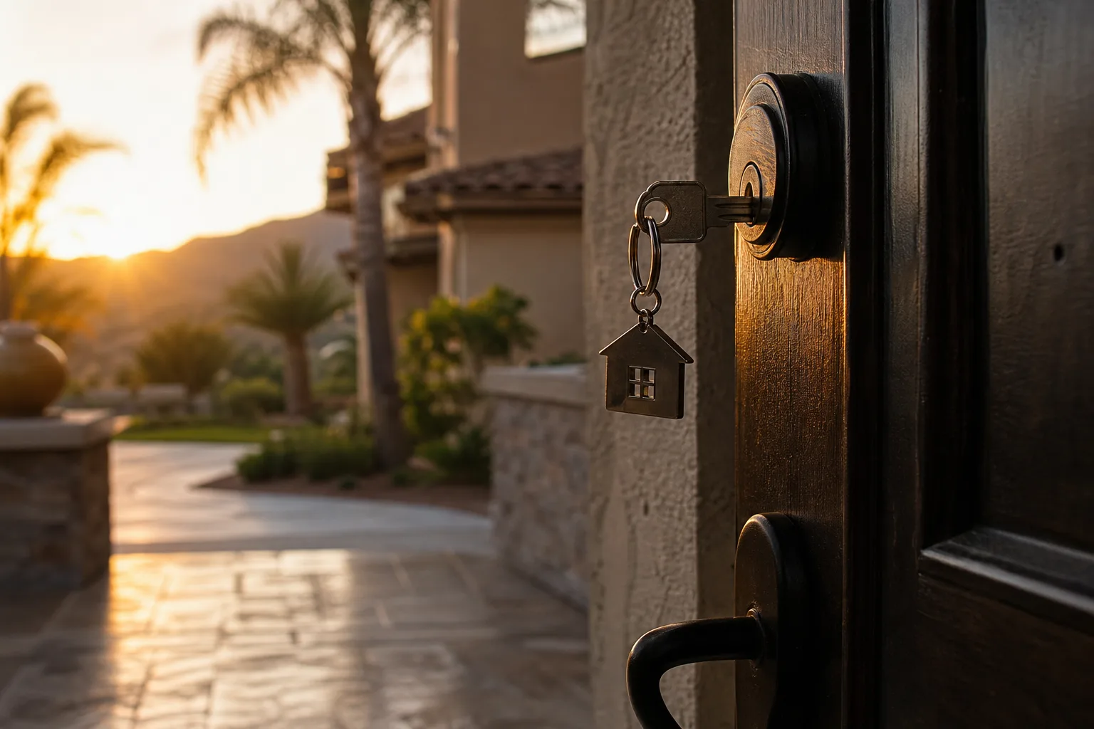 A key on a house-shaped key ring sits in the deadbolt of a dark wooden front door, with a stucco home, palm trees and hills glowing at sunset behind it