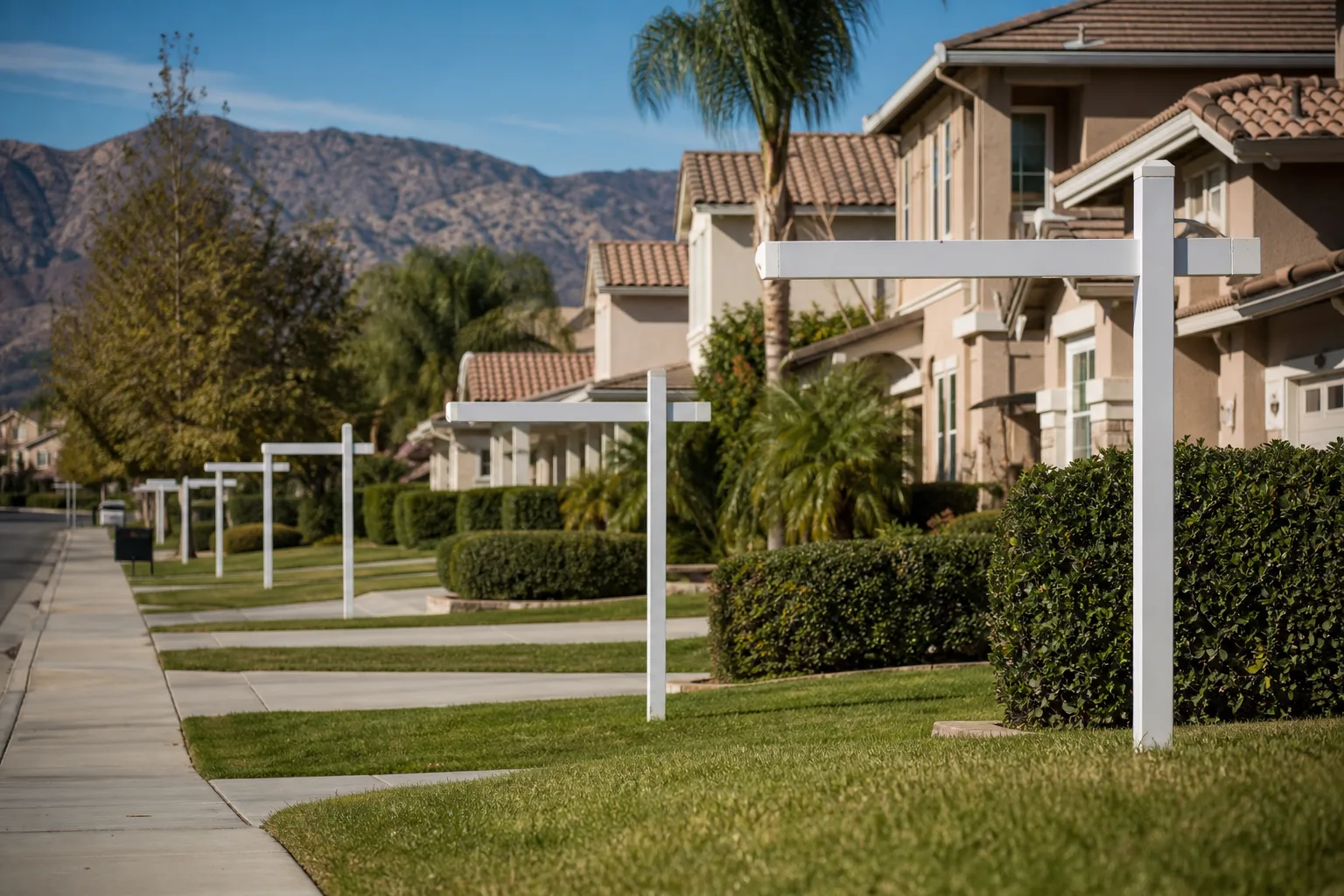 Empty white yard-sign posts lined up along a sidewalk in front of tile-roofed stucco homes, with mountains under a clear blue sky in the distance