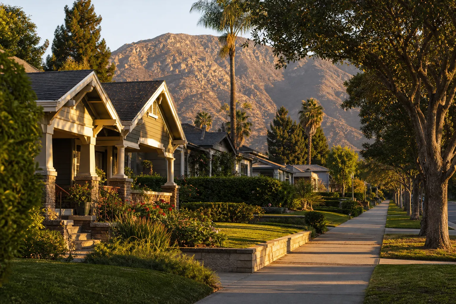 Row of Craftsman bungalows with gabled porches, tapered columns and stone bases along a tree-lined sidewalk in late-afternoon light, with palm trees and a rocky brown mountain rising behind the street