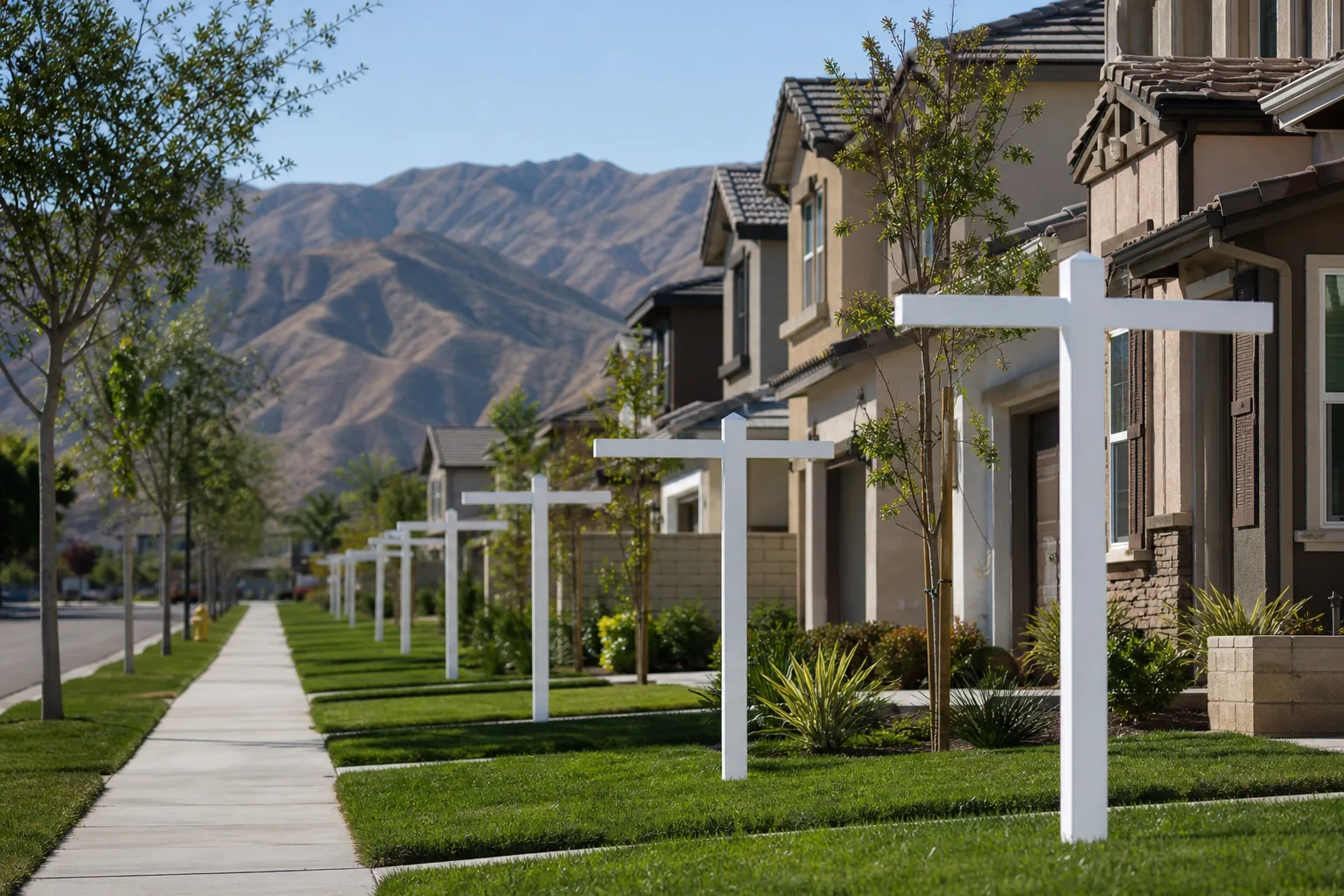 Row of two-story stucco homes with tile roofs along a sidewalk, an empty white sign post in each front lawn, young trees, and dry mountains under a clear sky.