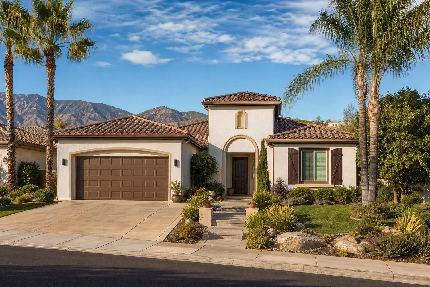 A single-story stucco home with a barrel tile roof, an arched entry and a two-car garage, framed by palm trees with bare foothills behind it.
