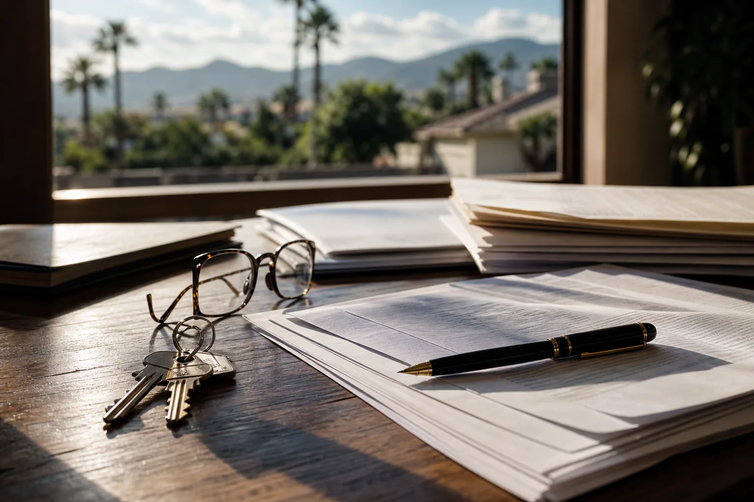 Keys, reading glasses and a pen resting on stacks of paperwork on a wooden desk, with palm trees, tile rooftops and mountains visible through the window behind it