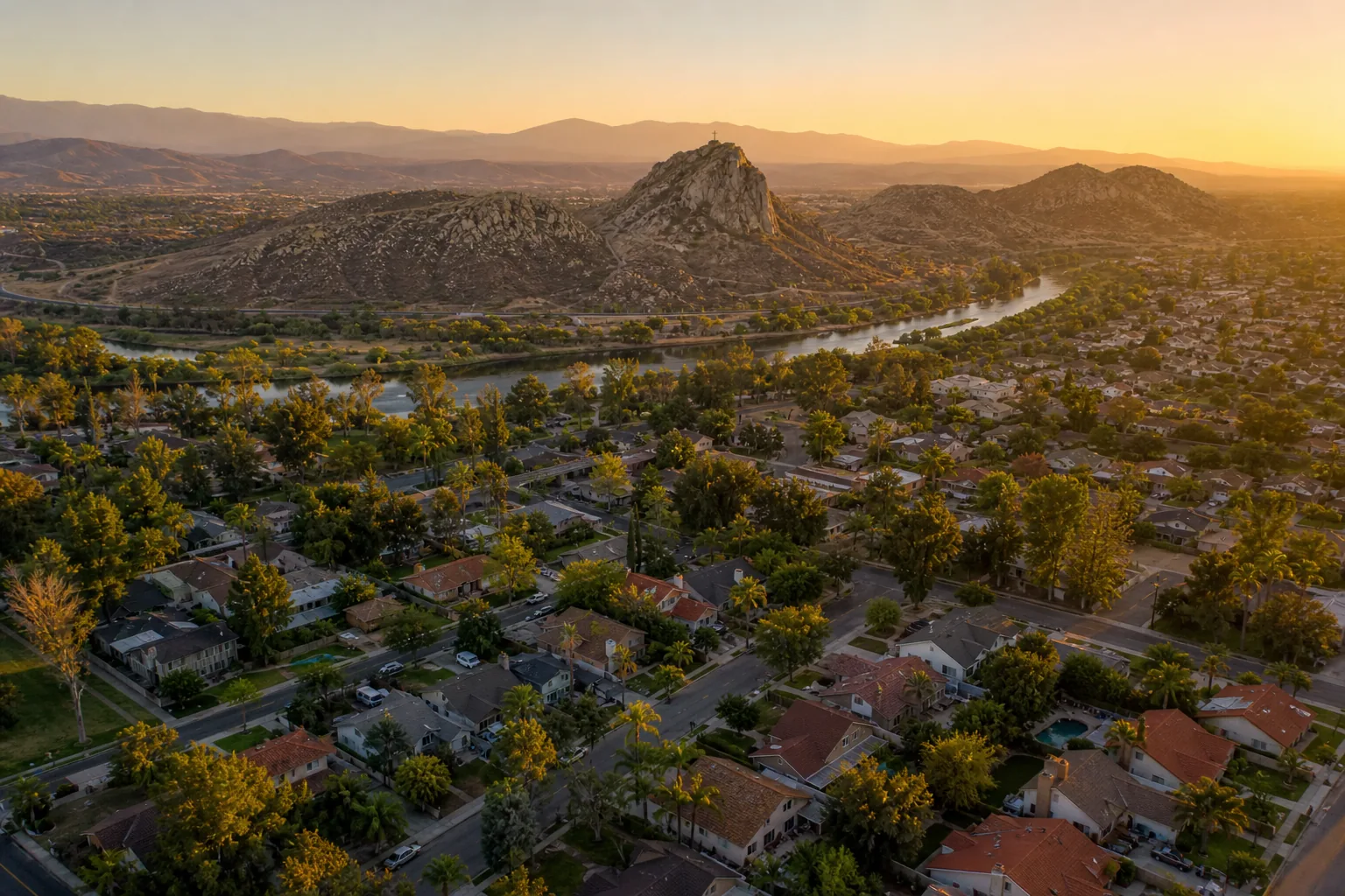 Aerial view at sunset of Mount Rubidoux and the Santa Ana River, with Riverside neighborhoods and palm trees spread across the valley below