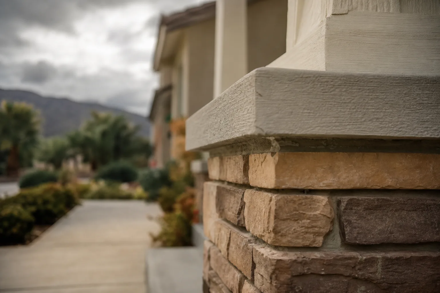 Close-up of a stacked-stone column base with a textured stucco cap on a tan stucco home, a concrete walkway and landscaped shrubs leading past the house toward hills under a gray, cloudy sky