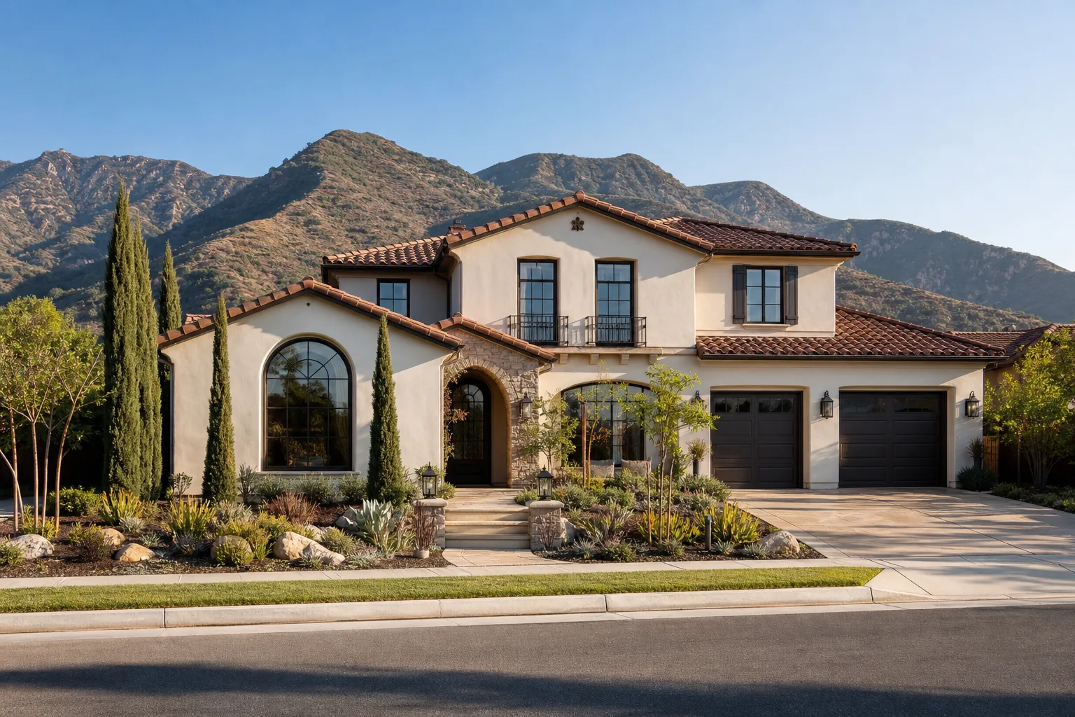 Two-story Spanish-style stucco home with a red tile roof and tall cypress trees, with chaparral-covered foothills rising behind it.