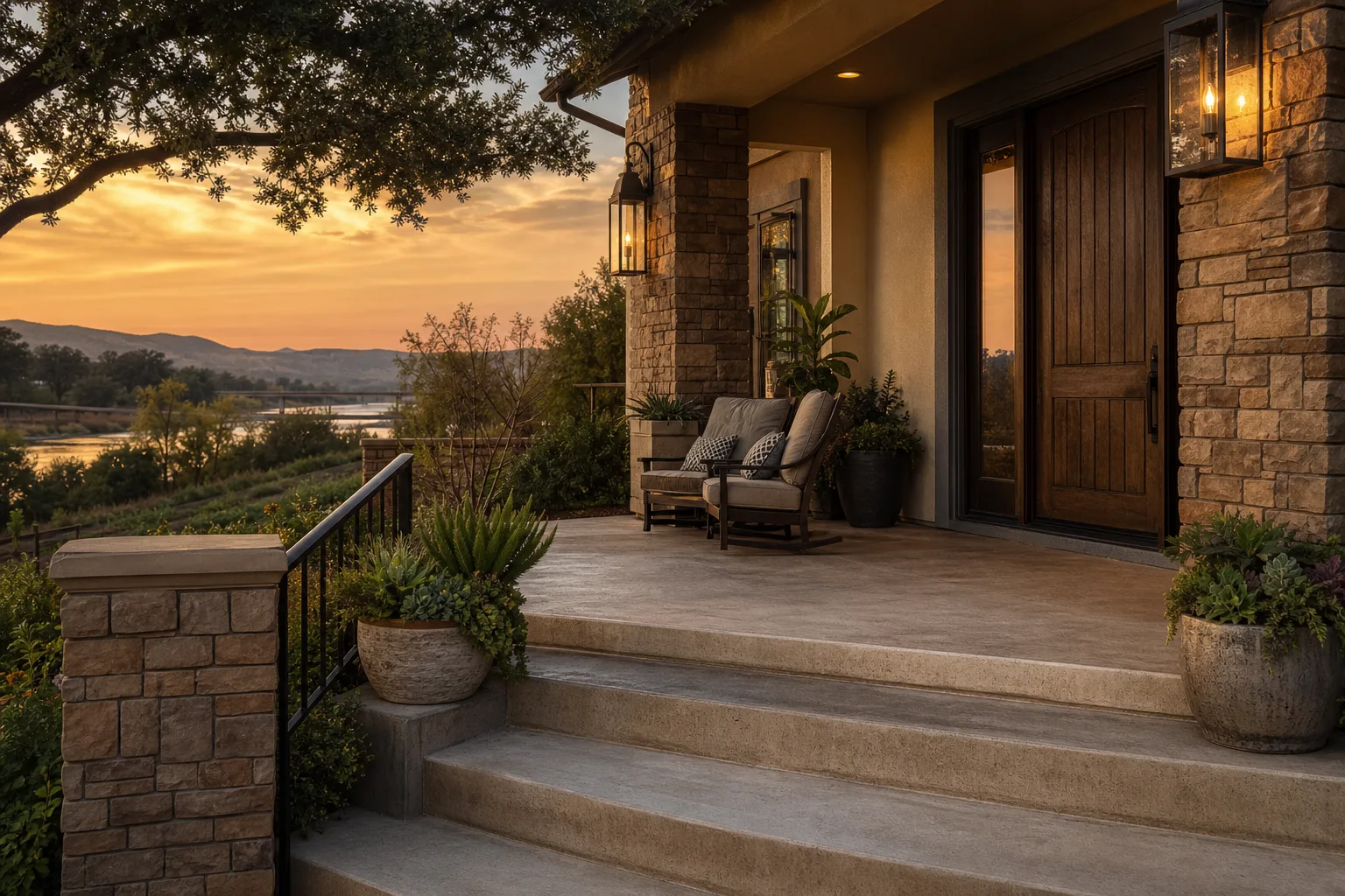Covered front porch of a stucco and stone house at sunset, with lantern sconces lit beside a wood front door, two cushioned chairs, potted succulents and wide concrete steps, and a river valley and hills glowing orange in the background